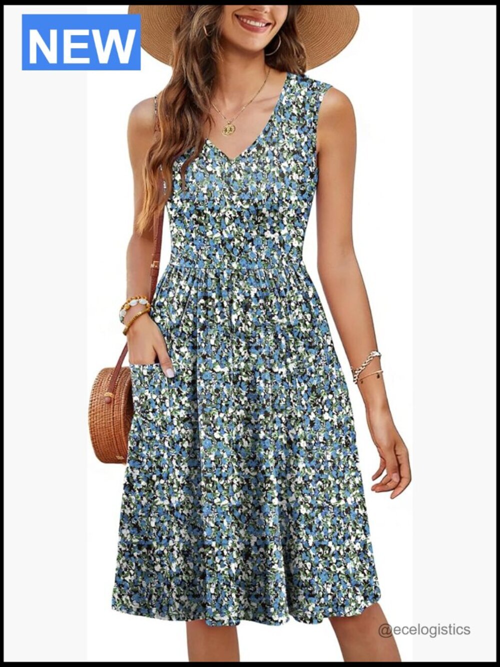 V-Neck Sleeveless Summer Dress with Pockets Casual A-Line Beach Dress